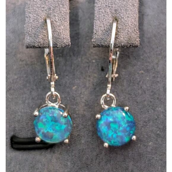 925 Sterling Silver Blue Opal Lever Back Dangle Earrings - Picture 1 of 10